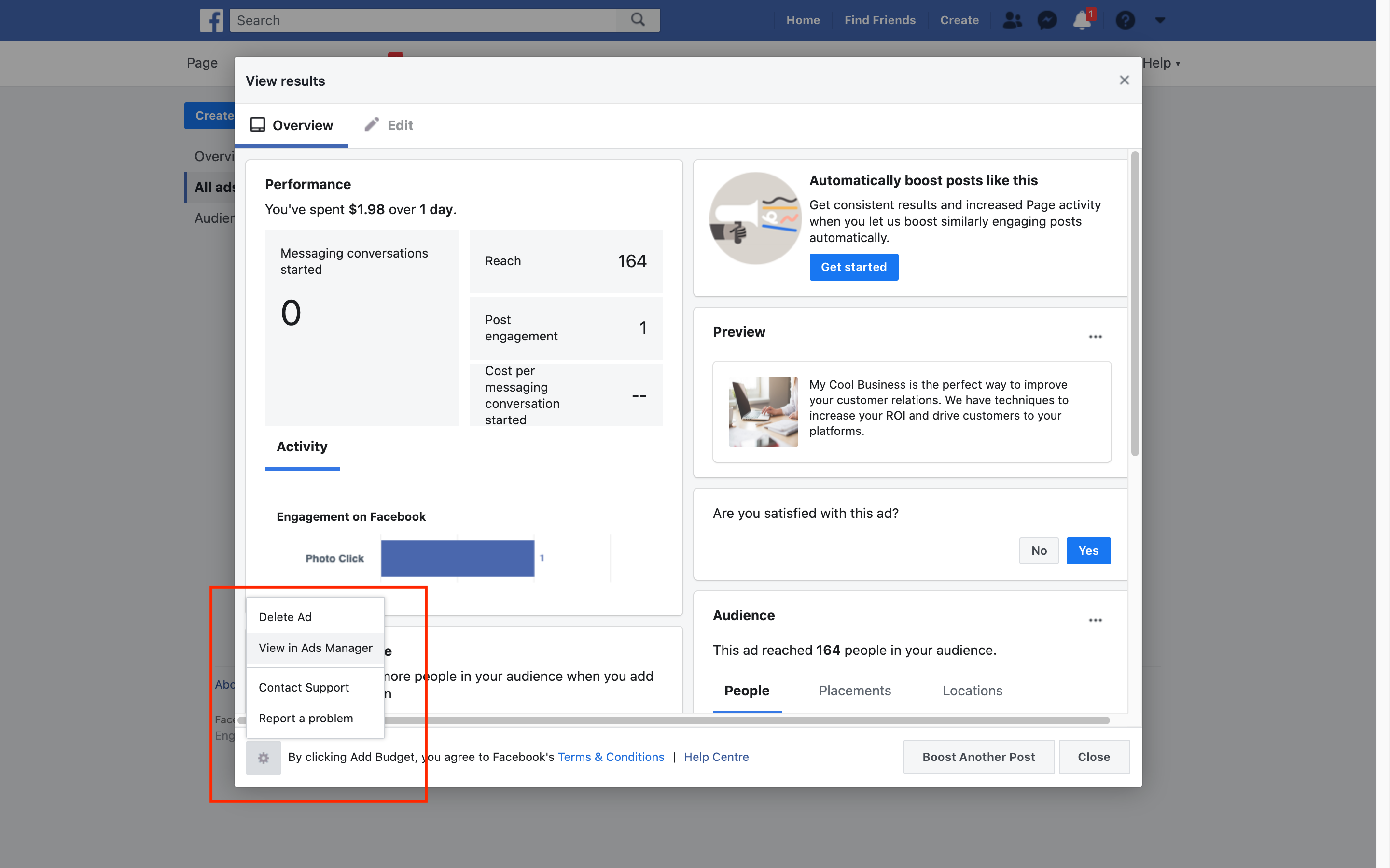 Facebook Ad Center Ad Dialog