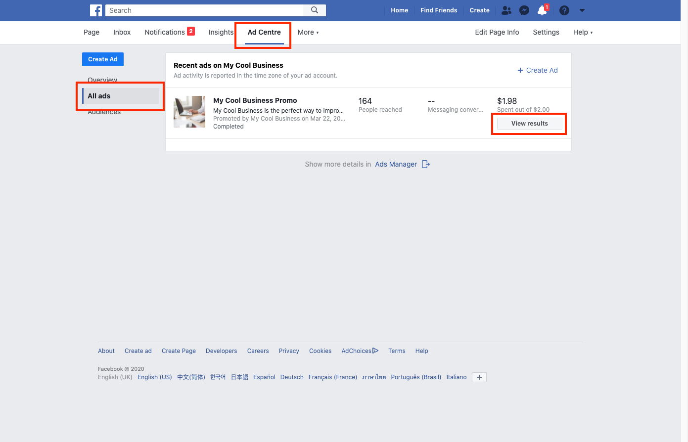 Facebook Ad Center All Ads