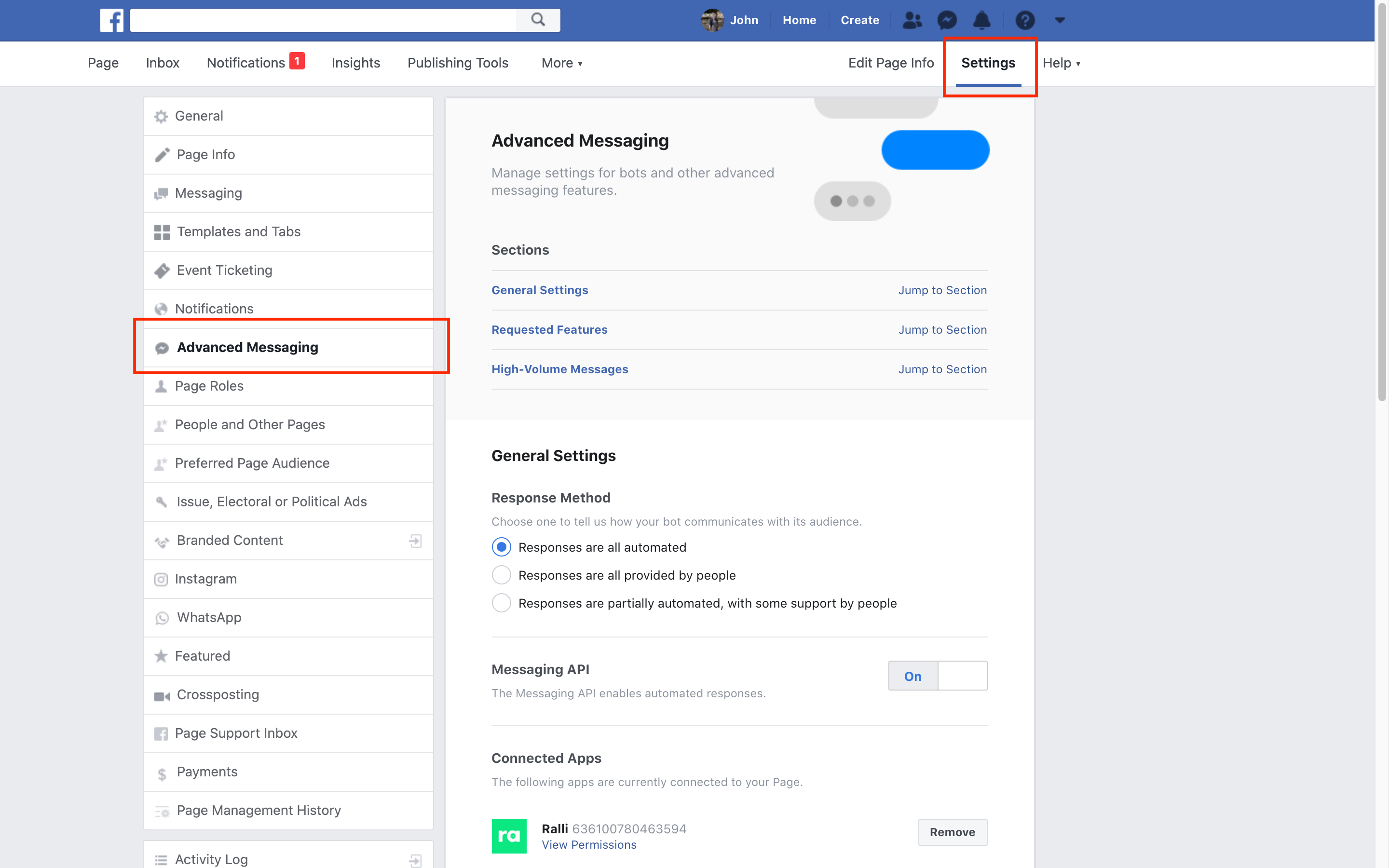 Facebook Page Settings Advanced Messaging