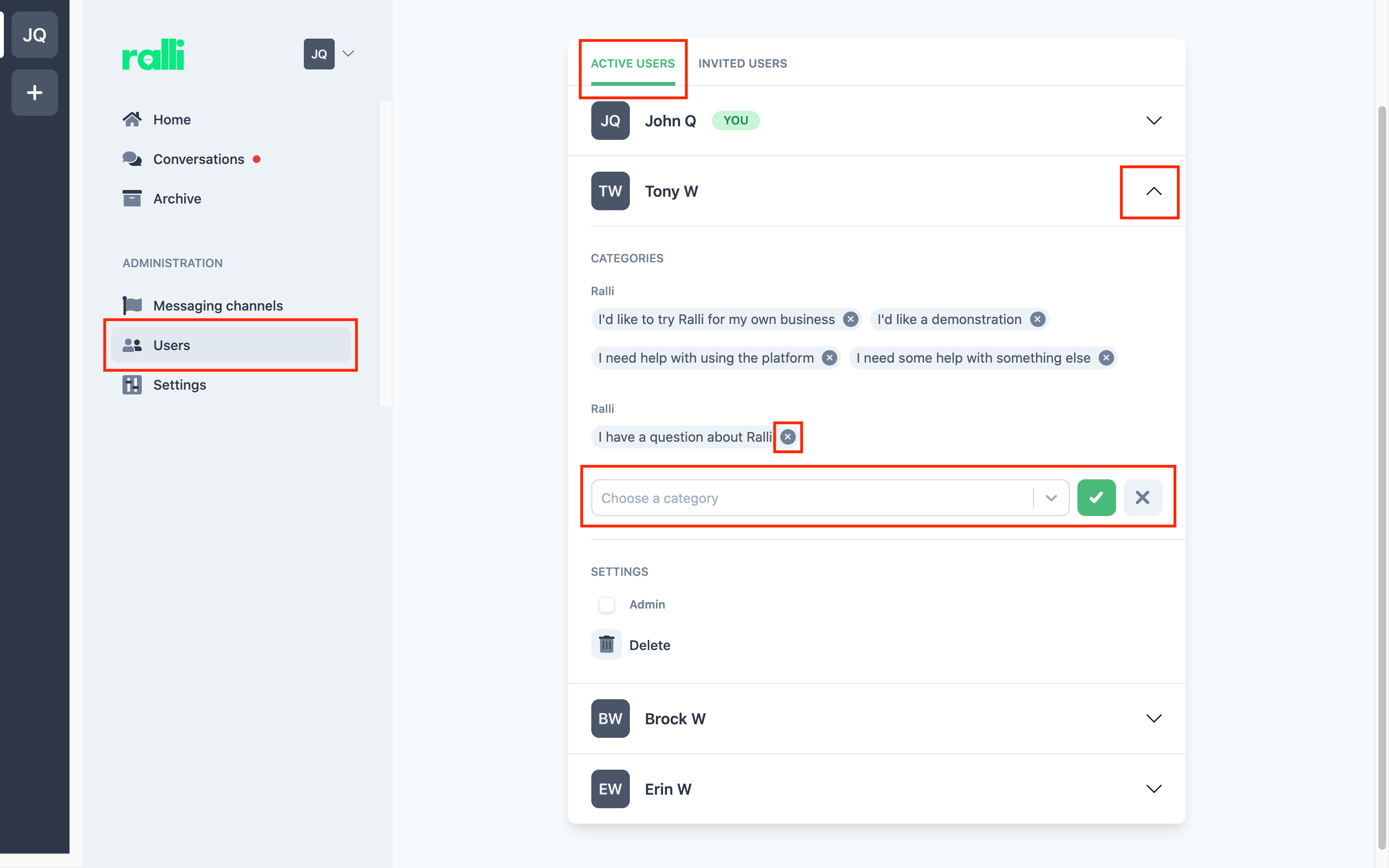 User category management